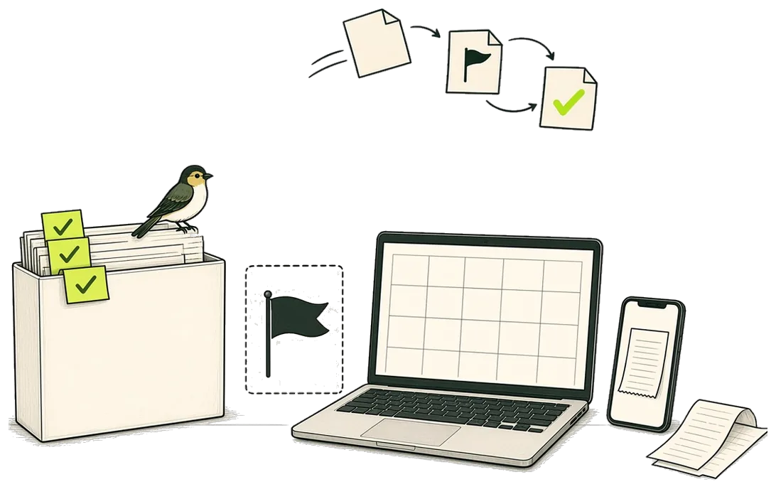 Hand drawn client box of bank statements with green tick tabs, a dashed empty slot with a dark flag for the missing statement, a laptop with a blank grid and a phone showing a photographed receipt, with the Rulefinch finch on the box. Above, a page arrives, picks up a dark flag, then a green tick.