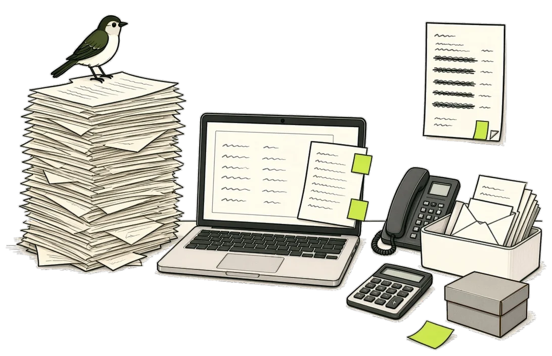 Hand drawn: one desk billing jobs by hand today, with a tall pile of rate sheets, quotes and job notes, job notes propped against a laptop to be typed again into an invoice, materials fallen to the floor and left off, and a pinned list of unpaid invoices, while the Rulefinch finch looks on.
