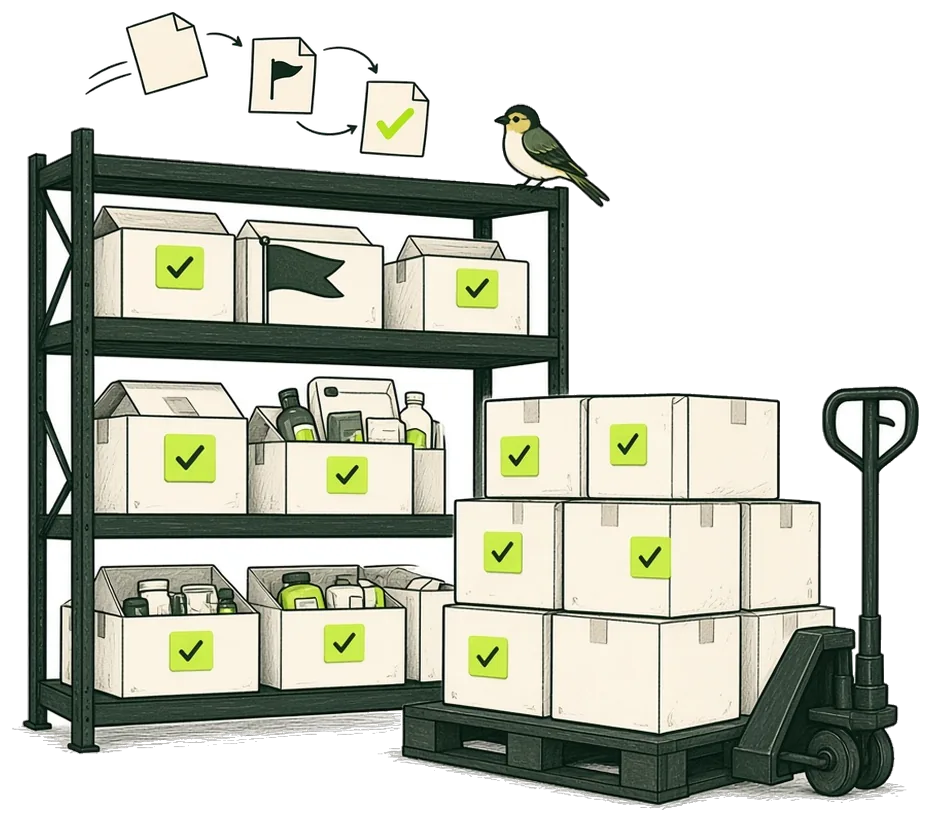 Hand drawn warehouse shelving and a pallet of cartons on a pallet jack. Most cartons carry a green tick, one carries a dark flag for follow up, and the Rulefinch finch sits on top. Above, a page arrives, picks up a dark flag, then a green tick.