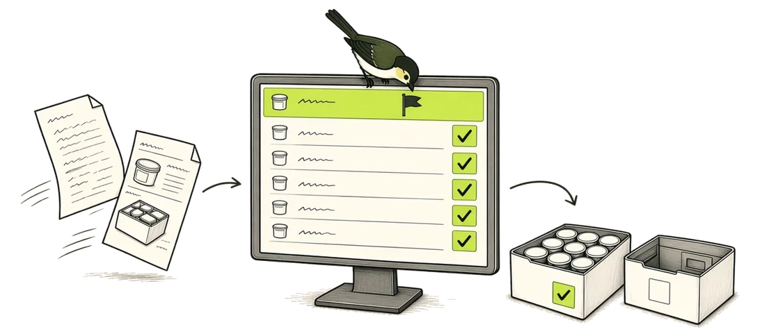 Hand drawn: the retailer order, your item specs and the packing record arrive as files on a screen. The Rulefinch finch ticks each line of the packing list, and one line is flagged for follow up. A full case of tubs is ticked; a case still empty is not.