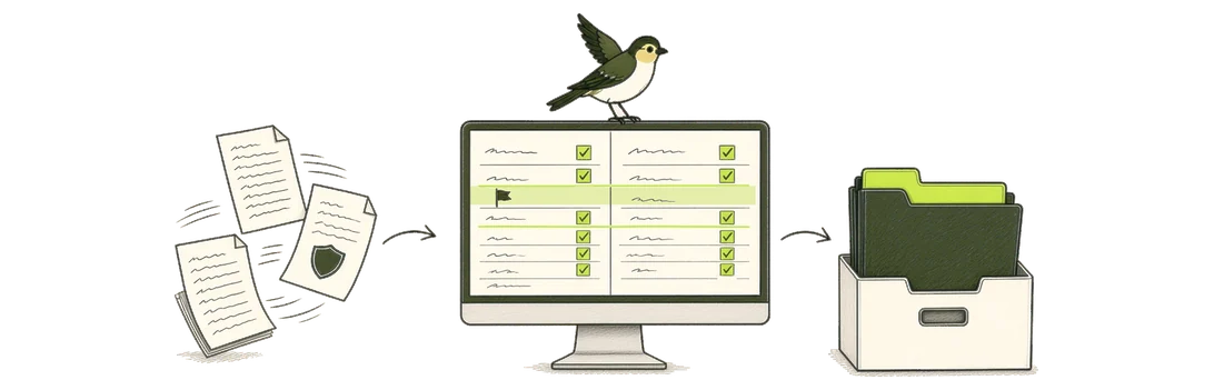 Hand drawn: the expiring policy, the renewal and what the client asked for arrive as files on a screen. The Rulefinch finch compares them side by side; matching lines are ticked and one line is flagged for follow up. The policy folder waits in a tray for your licensed team to review.
