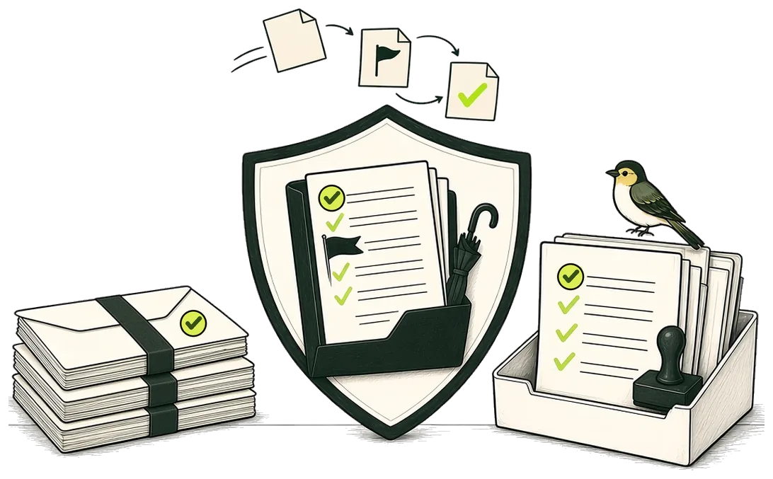 Hand drawn shield holding a policy folder with ticked lines and one dark flag for follow up, between a banded stack of sealed envelopes and a tray of ticked papers, with the Rulefinch finch on the tray. Green circled ticks mark the envelopes, the folder and the tray. Above, a page arrives, picks up a dark flag, then a green tick.